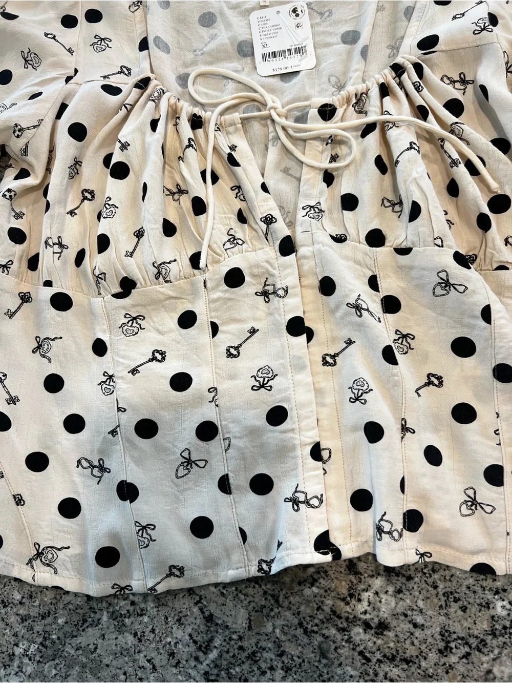 Free People Cream Puff-Sleeve Polka Dot Tie-Front Top